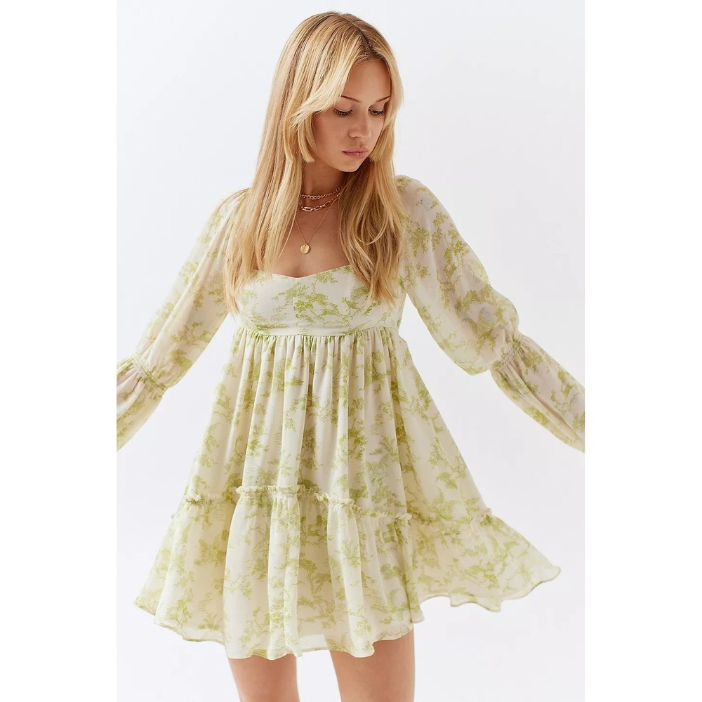 Urban Outfitters White Green Fairy Chiffon Lannette Babydoll Mini Dress Sz S